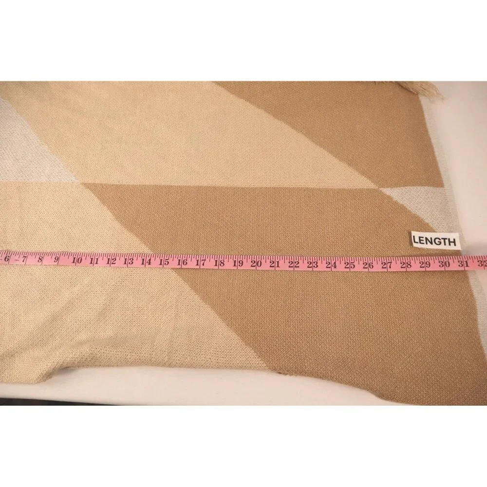 C Cozy Beige Color Block Open Front Poncho with Fringe Detail Size Large - Picture 13 of 14